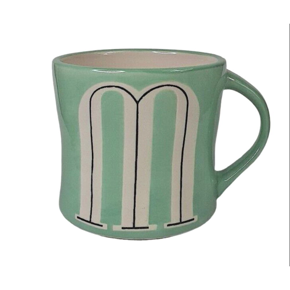 Anthropologie Green Hand Painted Letter M‎ Stoneware Coffee Mug Tea Cup Monogram